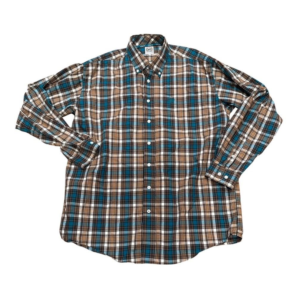Cinch Mens Plaid Button Down Shirt Teal Brown White Long Sleeve Cotton Large